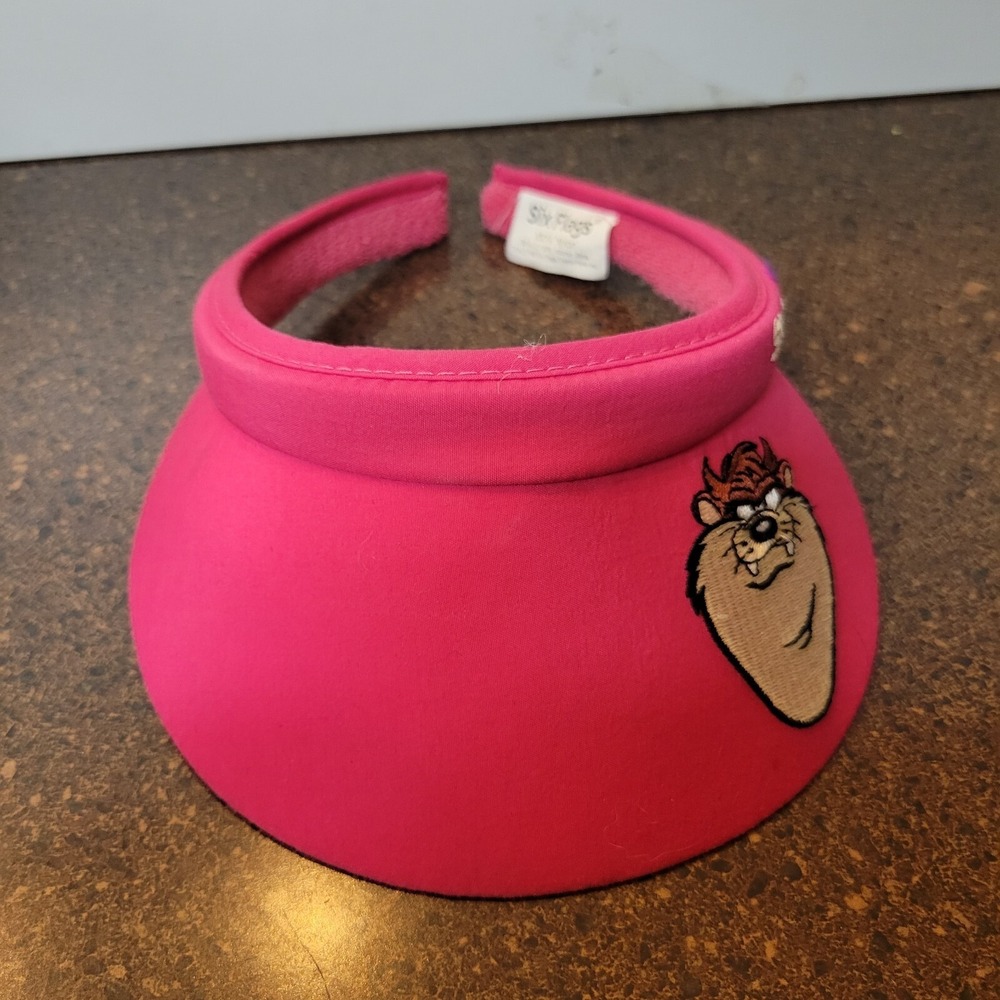 Six Flags Tasmanian Devil Visor Hat Womens Pink Sweatband Embroidered Open Back